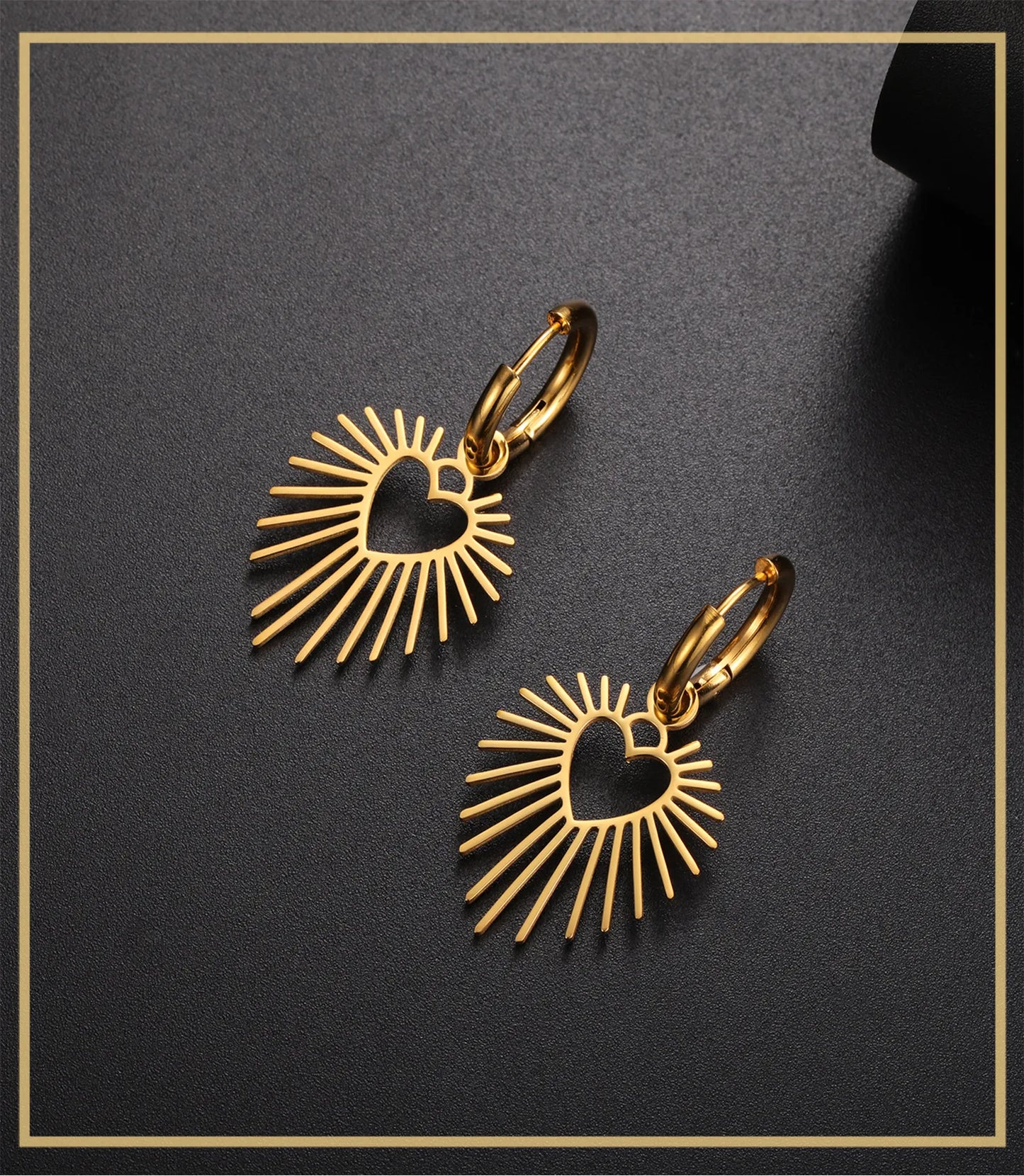 Geometric Heart Sun Pendant Drop Earrings