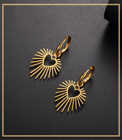 Geometric Heart Sun Pendant Drop Earrings
