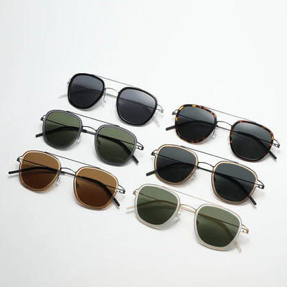 Set of sunglasses with different lens colors and frame styles on a white background
