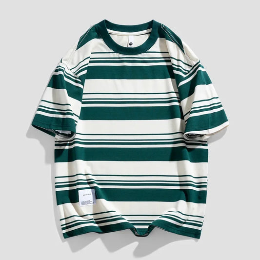 Green and white striped t-shirt on a light gray background