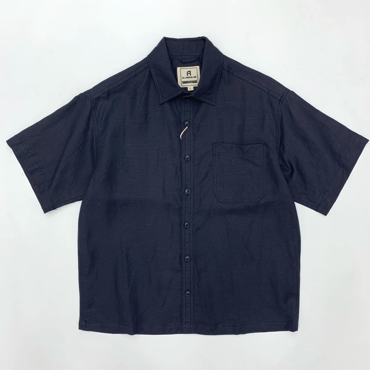 Navy short-sleeve shirt with a collar on a white background