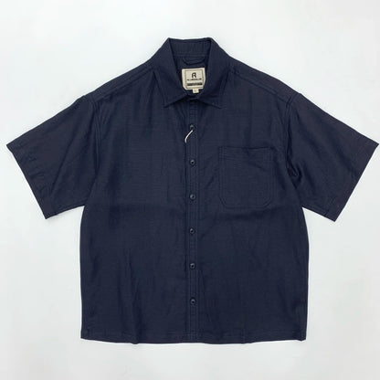 Navy short-sleeve shirt with a collar on a white background