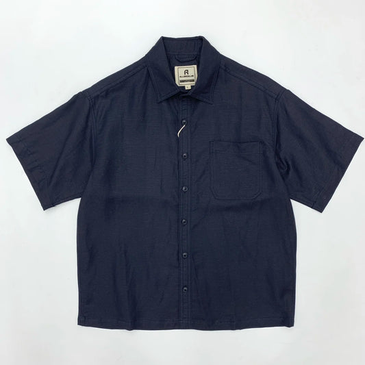 Navy short-sleeve shirt with a collar on a white background
