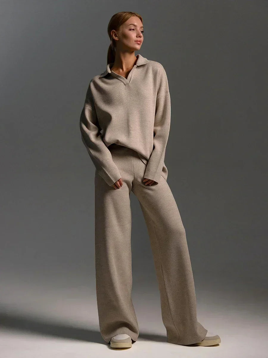 The Luxe Knit Co-Ord: Women's Polo Pullover & Wide Leg Pants Set