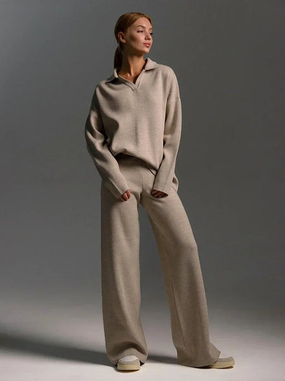 The Luxe Knit Co-Ord: Women's Polo Pullover & Wide Leg Pants Set