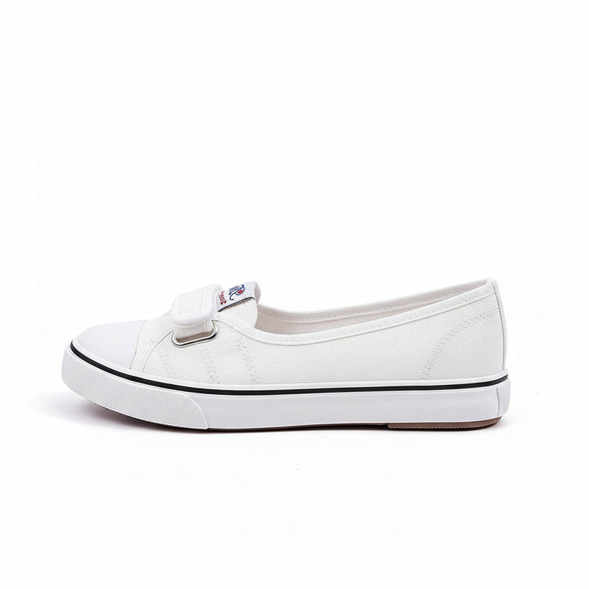 White sneakers with a brand logo on a white surface.