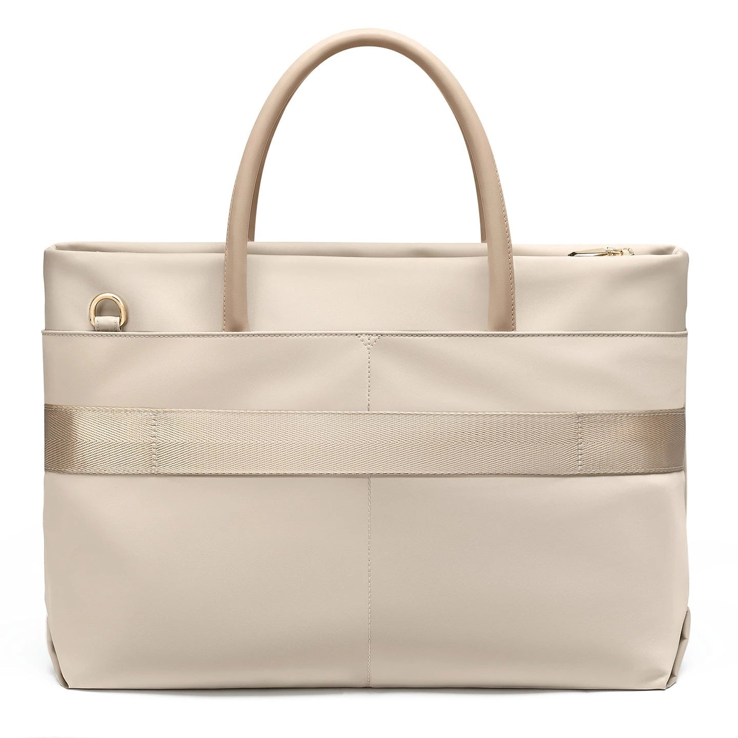 A light beige GOLF tote bag with dual top handles, a horizontal textured stripe across the middle, and a gold-tone D-ring detail on the front left, shown on a white background.