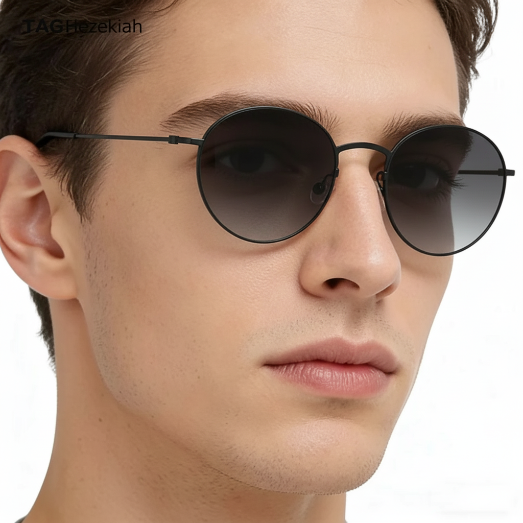 Close-up of a person wearing round sunglasses with a blurred background