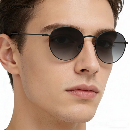Close-up of a person wearing round sunglasses with a blurred background