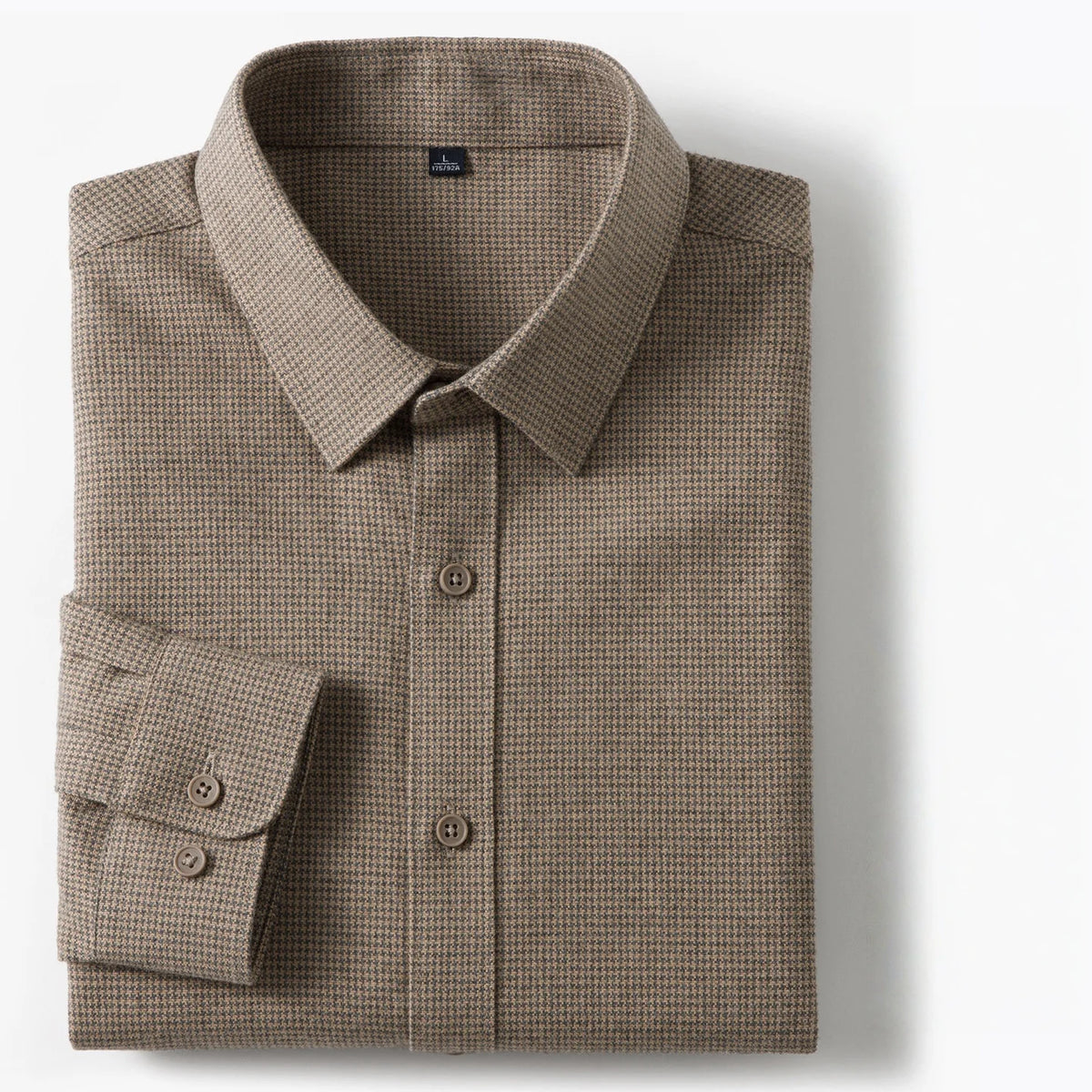 A folded long-sleeve button-down dress shirt in a fine micro-check pattern of brown and beige, displayed on a clean white background.