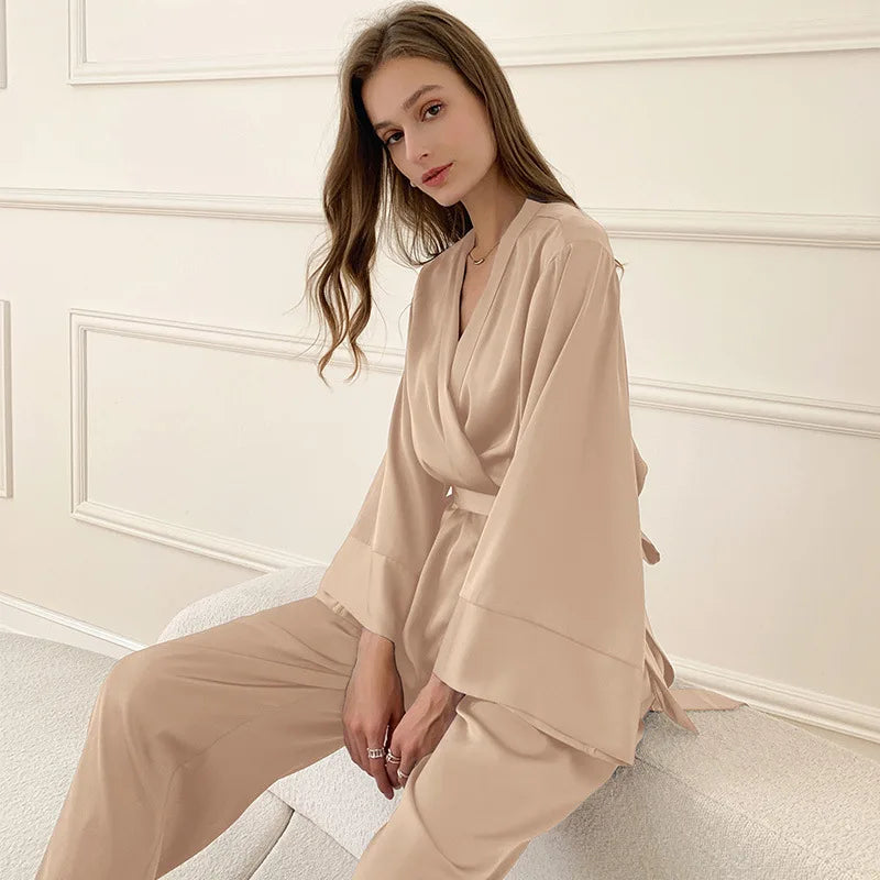 Women's Silky Satin Pyjama Set | Elegant Kimono Wrap Loungewear