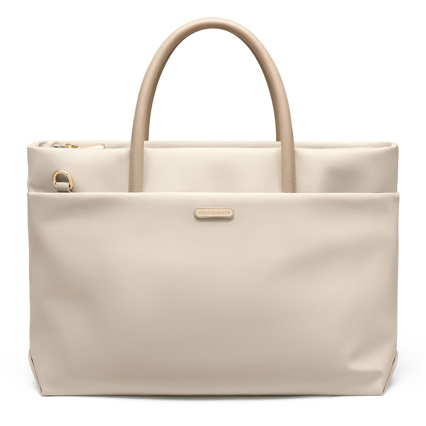 A light beige GOLF tote bag with dual top handles, a front slip pocket, and a small metallic brand plaque, shown on a white background.