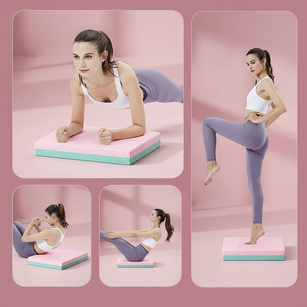 Woman using a pink and green exercise board with text about good appearance and quality.