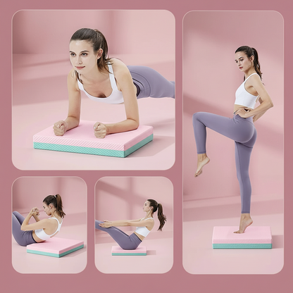 Woman using a pink and green exercise board with text about good appearance and quality.