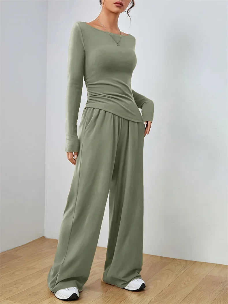 The Flow State Set: Effortless Chic Women's Two-Piece Wide-Leg Ensemble