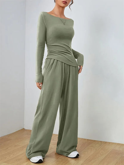 The Flow State Set: Effortless Chic Women's Two-Piece Wide-Leg Ensemble