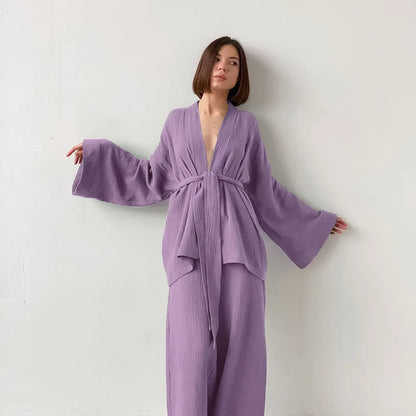 The Kinfolk Women's Kimono Home Luxury Sleepwear Set: Elevated Comfort in 100% Cotton Crepe