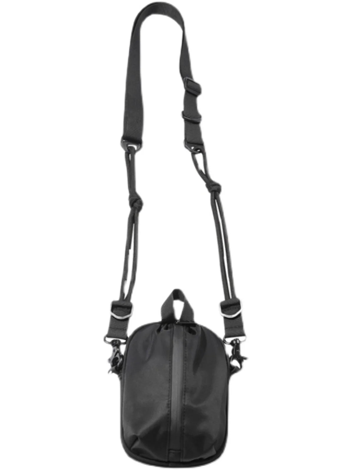 Black shoulder bag with a strap on a white background