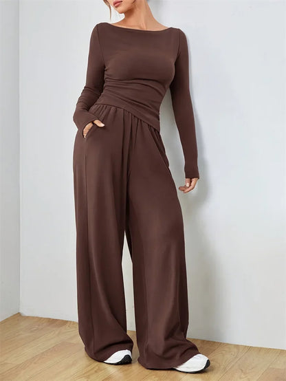 The Flow State Set: Effortless Chic Women's Two-Piece Wide-Leg Ensemble