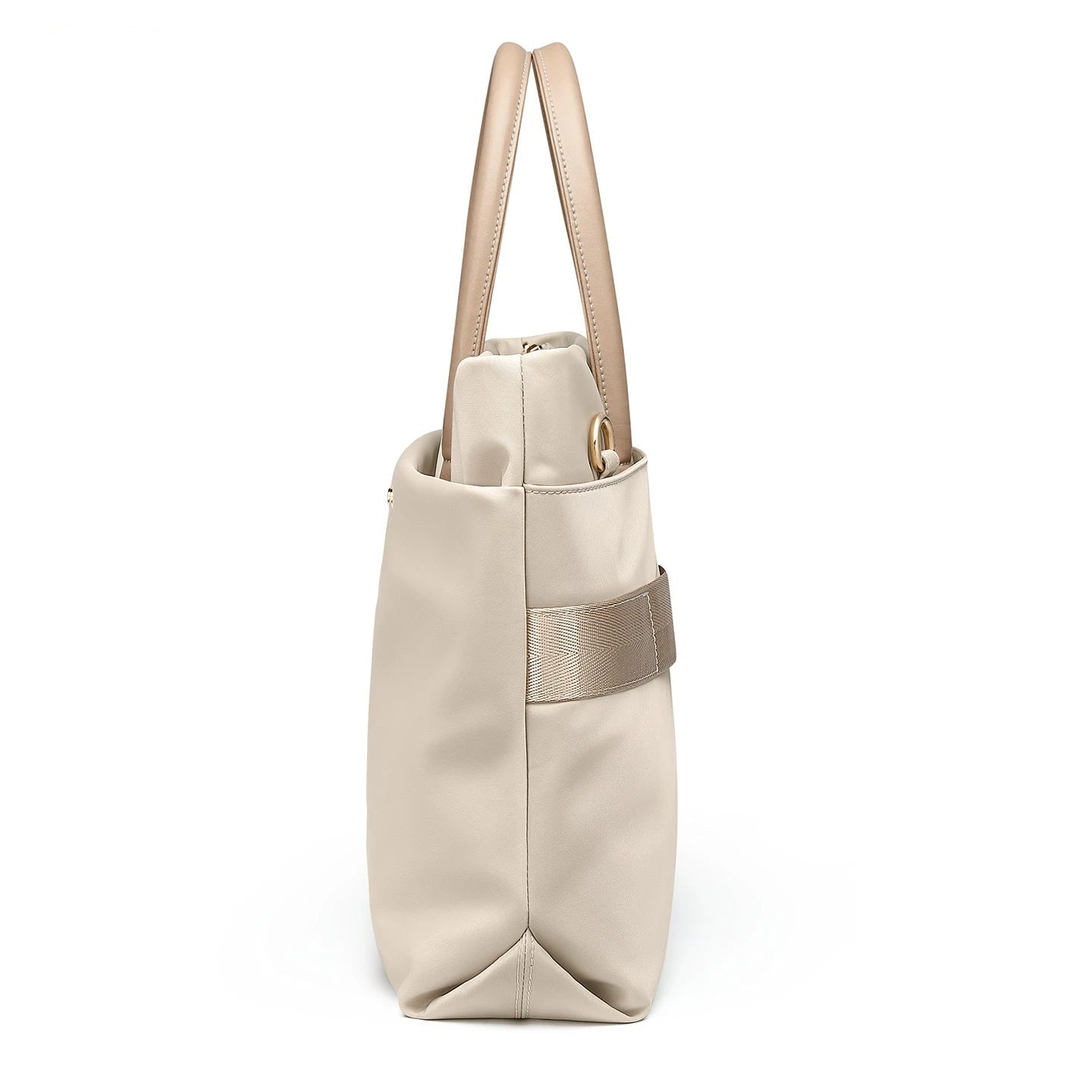 A light beige tote bag with dual top handles and a matching horizontal strap detail on the side, shown against a plain white background with the brand name GOLF in the top left corner.