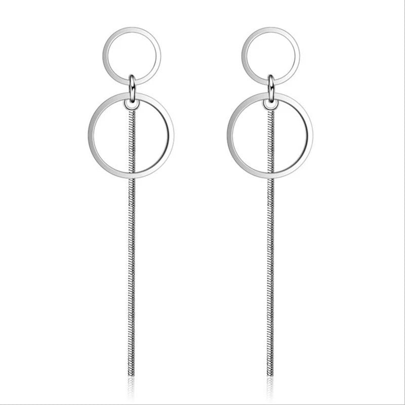 Circle Tassel Long Ear Line Earrings in Sterling Silver