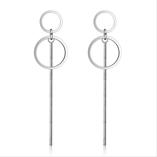 Circle Tassel Long Ear Line Earrings in Sterling Silver