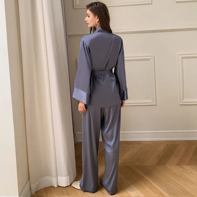 Women's Silky Satin Pyjama Set | Elegant Kimono Wrap Loungewear