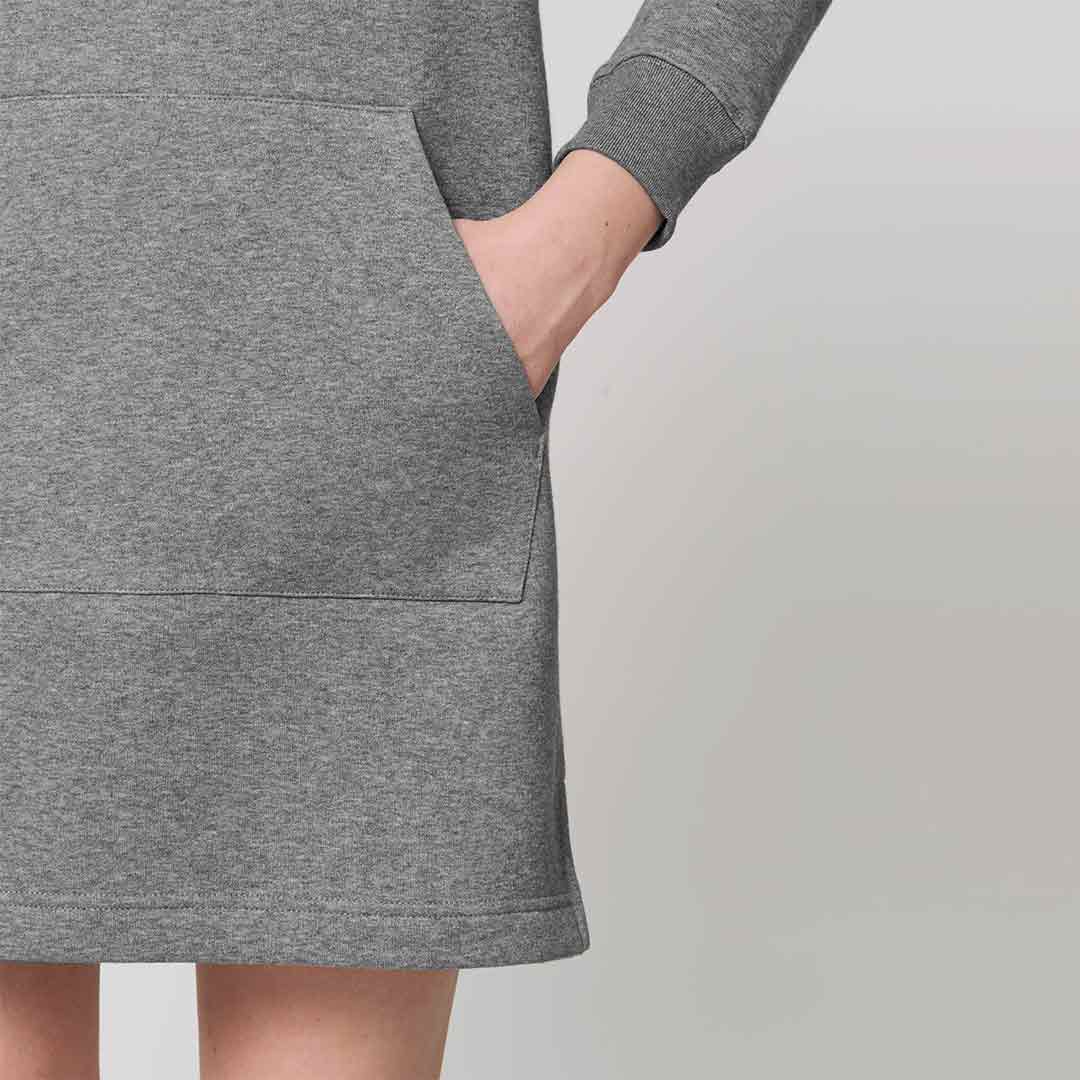 Close up details of OGEE Women's Hoodie Dress front pocket construction