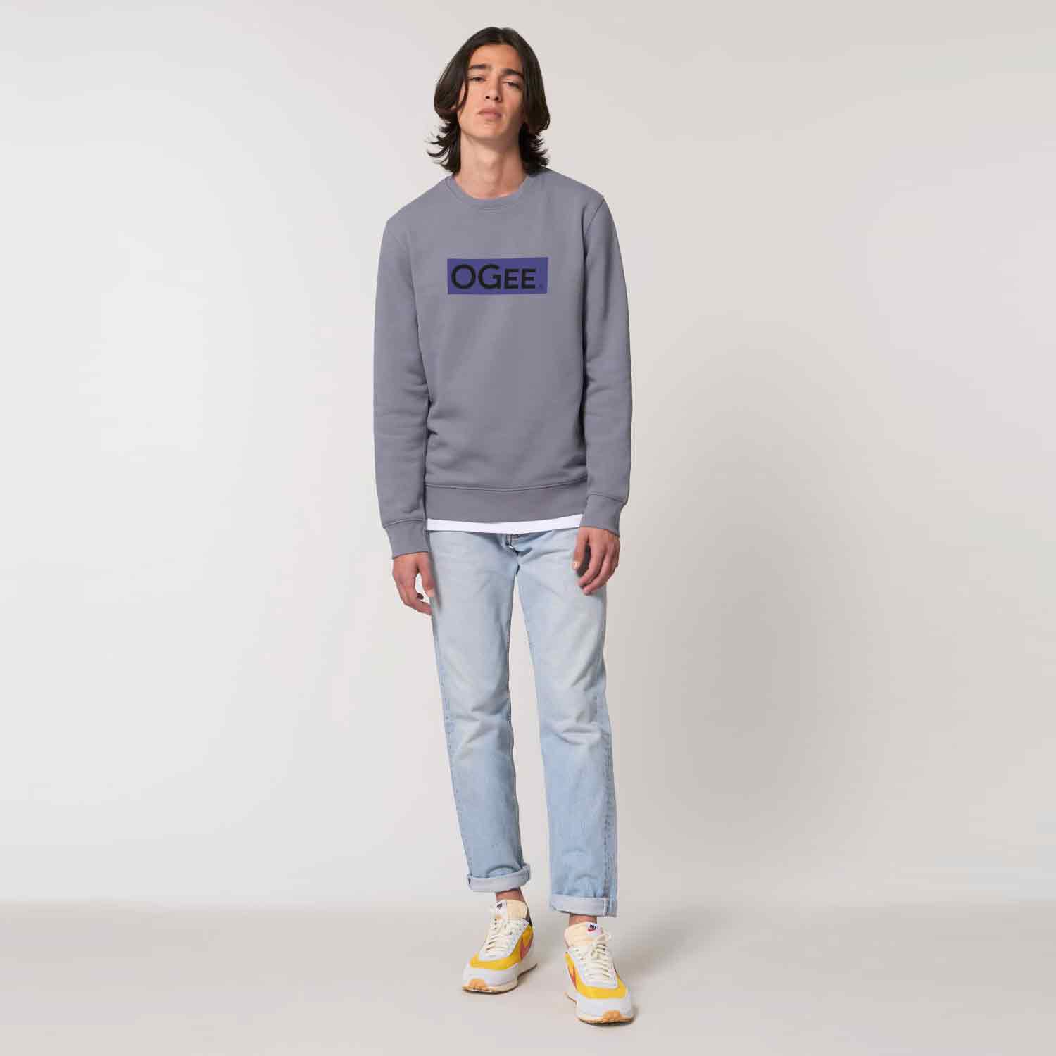 OGEE Men's Crewneck Sweatshirt in colour Lava Grey with Blue block logo print at front