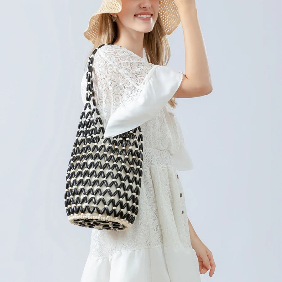 The Talitha Wooden Beaded Bucket Bag