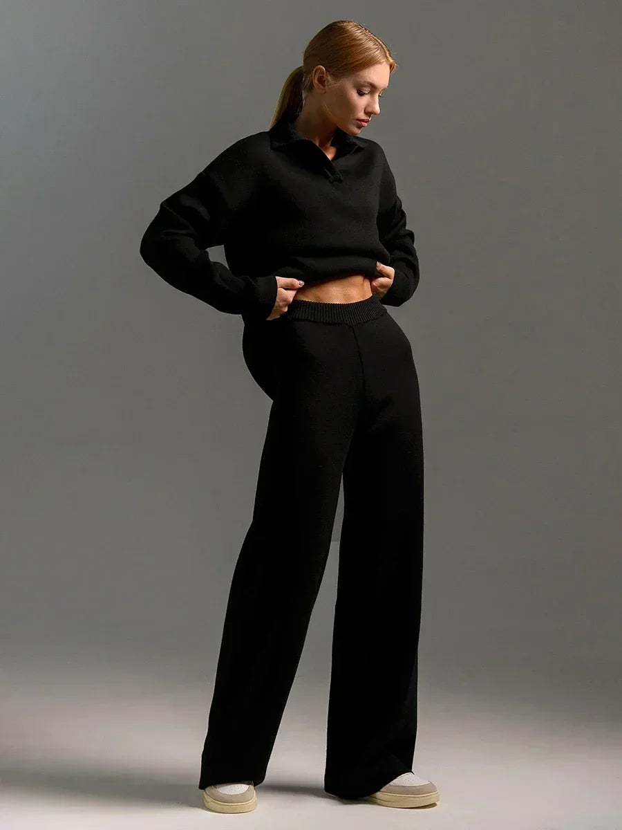 The Luxe Knit Co-Ord: Women's Polo Pullover & Wide Leg Pants Set