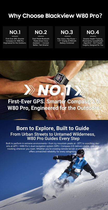 Blackview W80 Pro Rugged Smart Watch - GPS, Compass 2.0, Long Battery Life & IP68