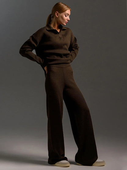 The Luxe Knit Co-Ord: Women's Polo Pullover & Wide Leg Pants Set