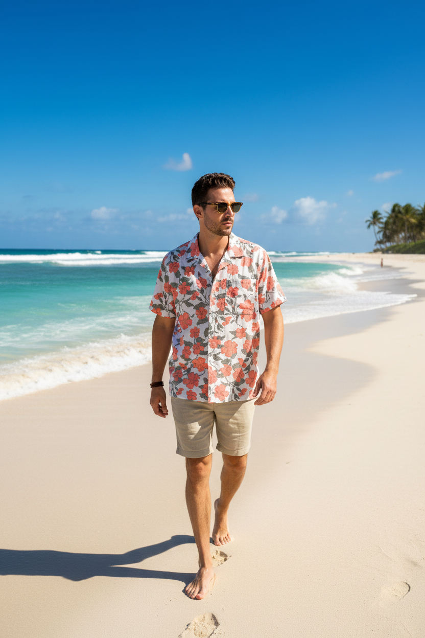 Sunset Hibiscus Cuban Collar Short Sleeve Shirt