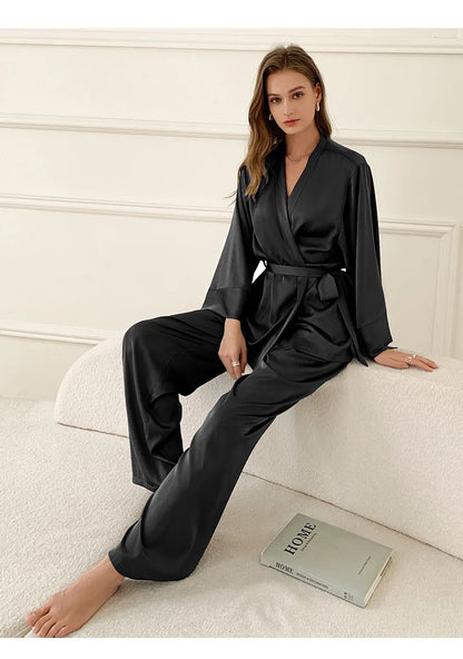 Women's Silky Satin Pyjama Set | Elegant Kimono Wrap Loungewear