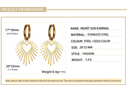 Geometric Heart Sun Pendant Drop Earrings