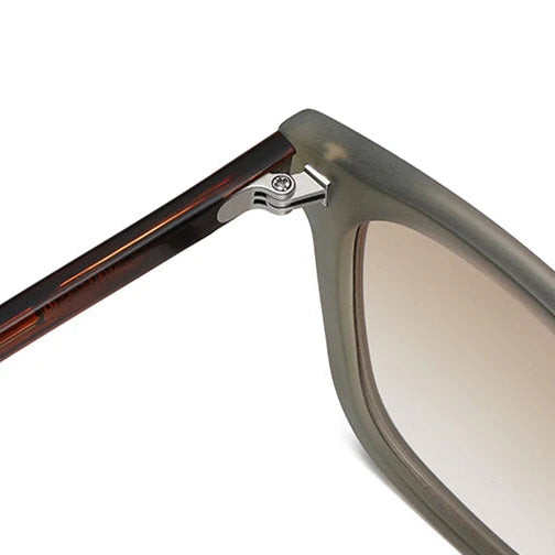Close-up of a pair of sunglasses with a focus on the frame and lens.