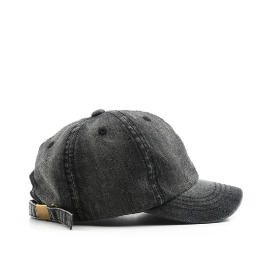 Black denim cap on a white background with text '黑色' (black) above it.