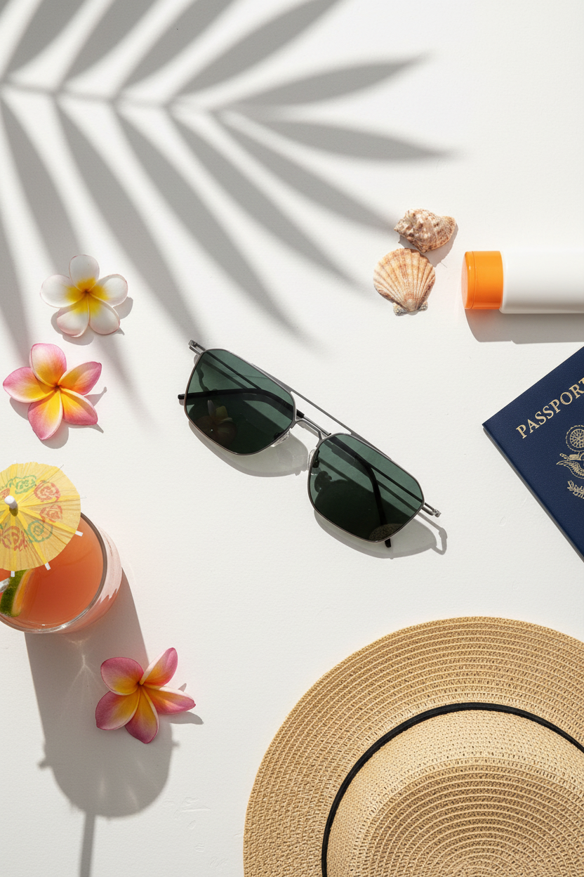 Sunglasses, straw hat, cocktail, flowers, and passport on a light surface with palm leaf shadows.