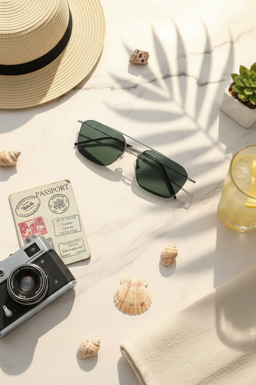 Sun glasses with a hat, passport, camera, and lemonade on a white surface