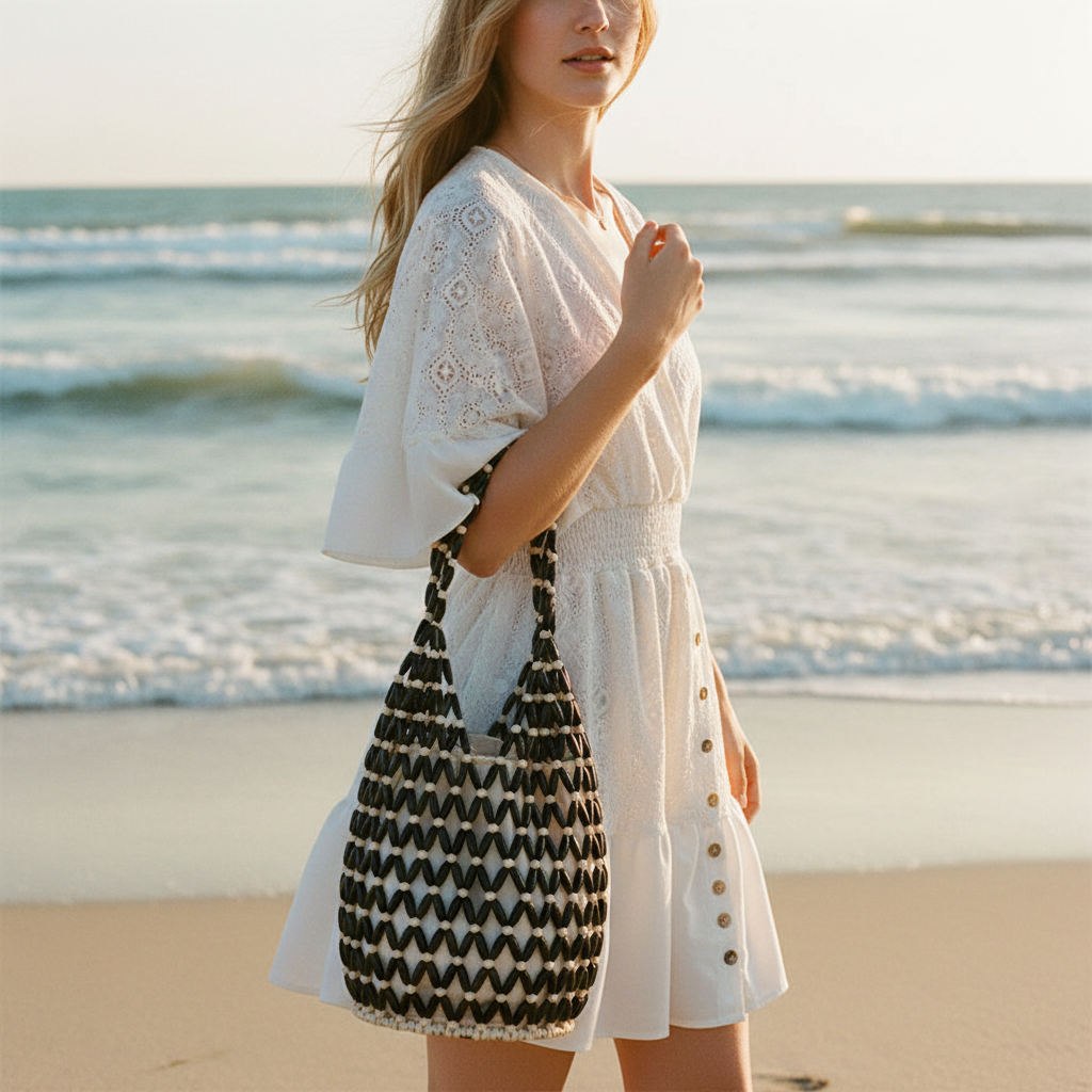 Woman holding a black and white woven bag on a beach