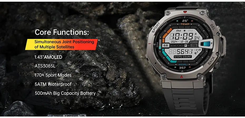 Men's T-Rex 3 GPS Smartwatch - 1.43" AMOLED, 5ATM Waterproof, Fitness Tracker for Men