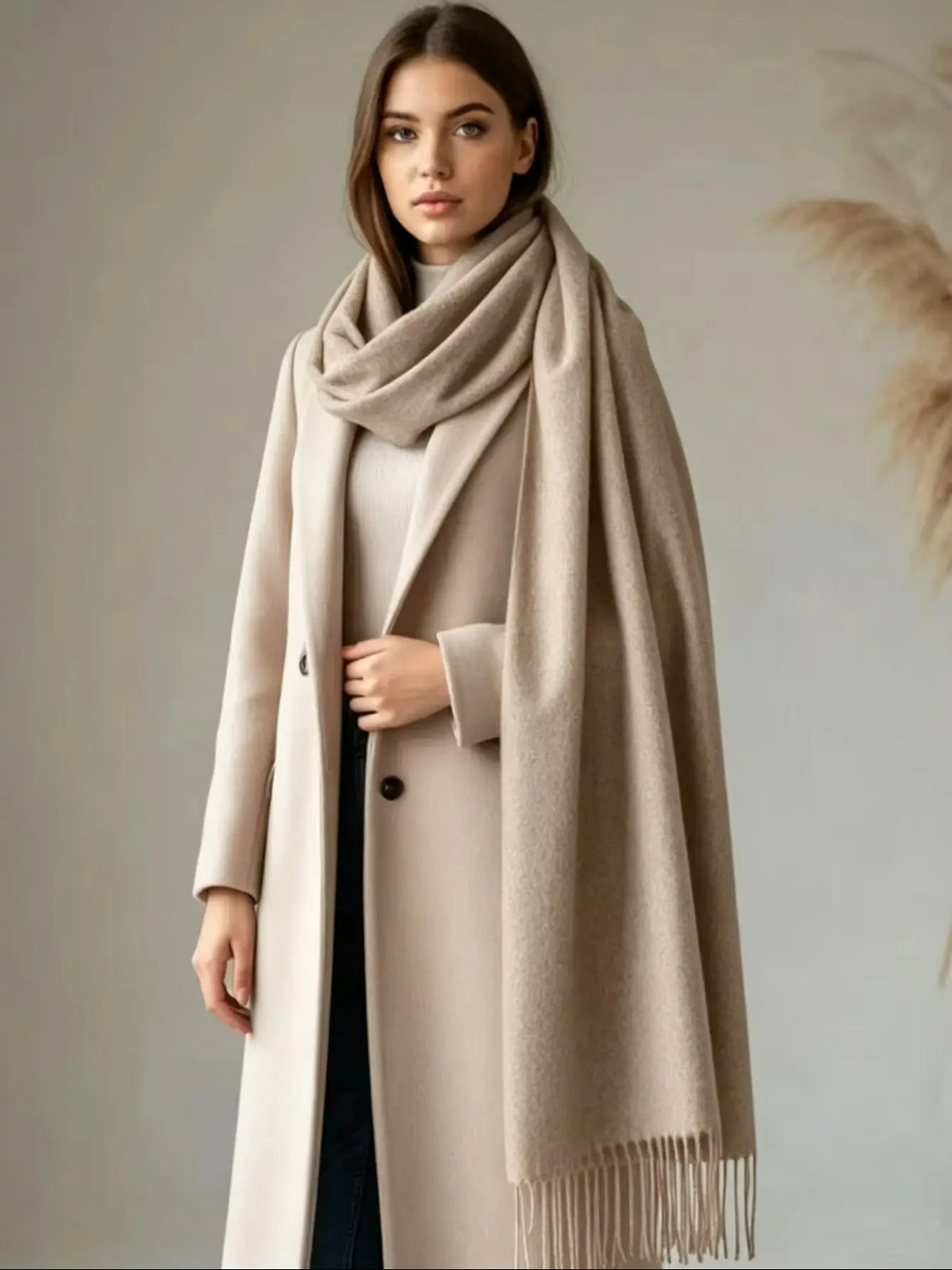 A woman wearing a long beige coat, cream turtleneck, and a thick beige scarf with fringe, standing against a soft neutral background.