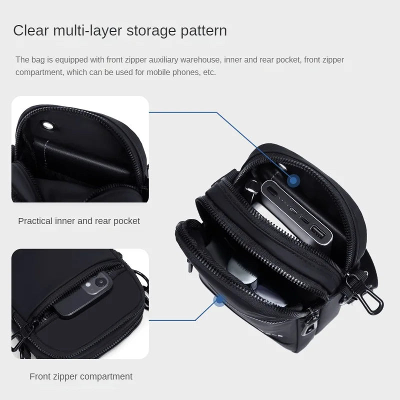 Black crossbody phone bag with multiple zip compartments and pockets, shown open with accessories inside on a light gray background, with inset detail photos and explanatory text about storage capacity.