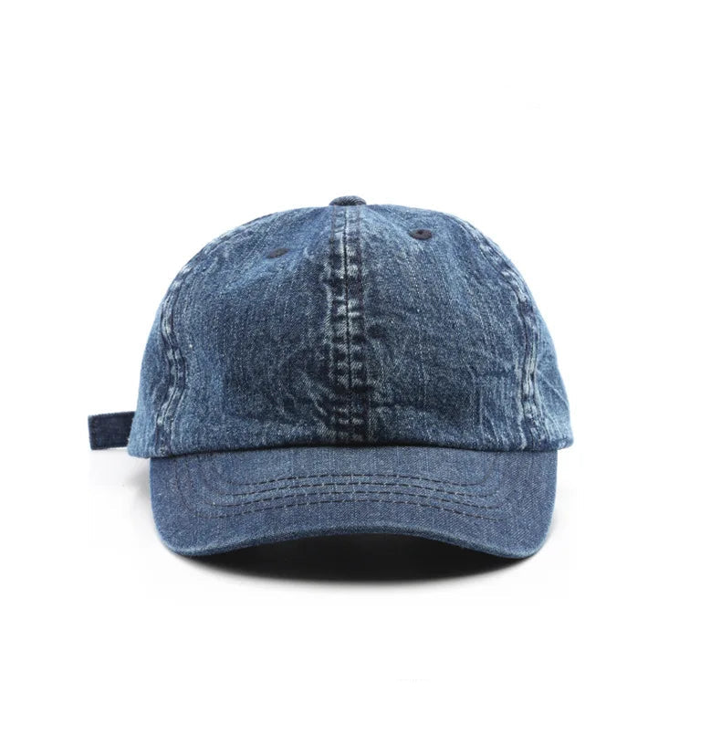 Blue denim baseball cap on a white background