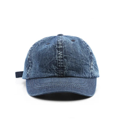 Blue denim baseball cap on a white background