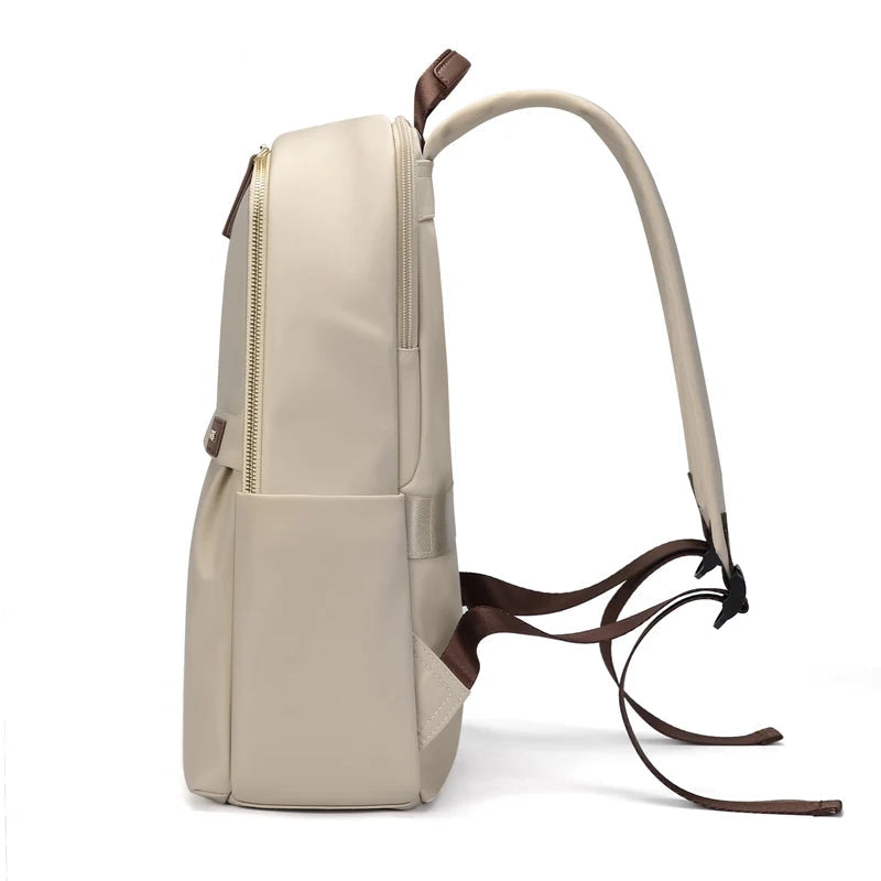 Beige backpack with brown straps on a white background, featuring the brand 'GOLF'.