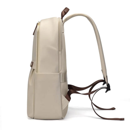 Beige backpack with brown straps on a white background, featuring the brand 'GOLF'.