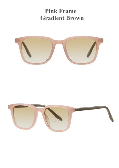 Sunglasses with pink frame and gradient brown lenses on a white background