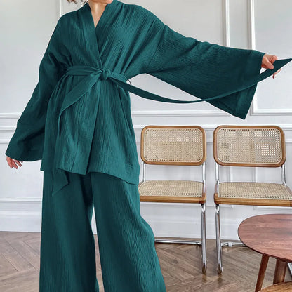 The Kinfolk Women's Kimono Home Luxury Sleepwear Set: Elevated Comfort in 100% Cotton Crepe